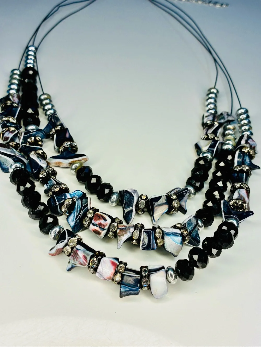 Multi-Strand Mother Of Pearl Chunky BLK & Iridescent Beaded Statement Necklace